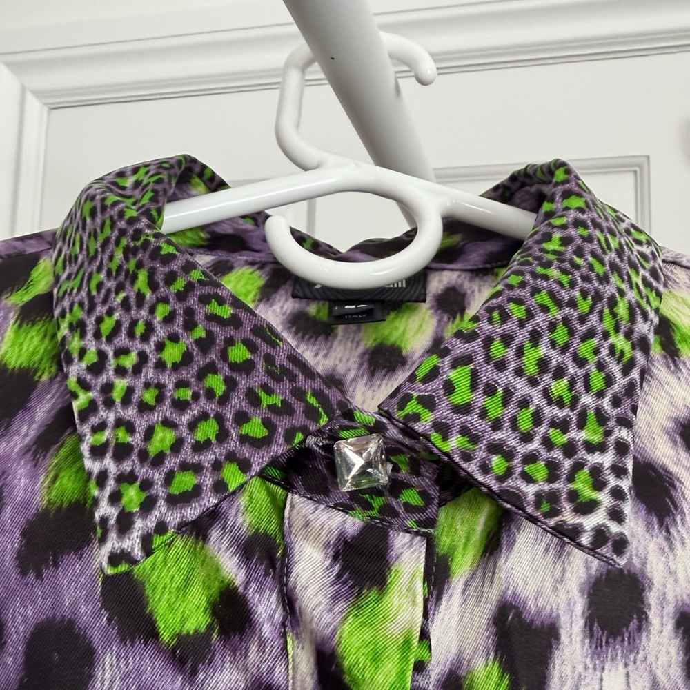 Preloved Just Cavalli Purple and Green Leopard Animal Print Blouse Size 50 - Picture 3 of 9